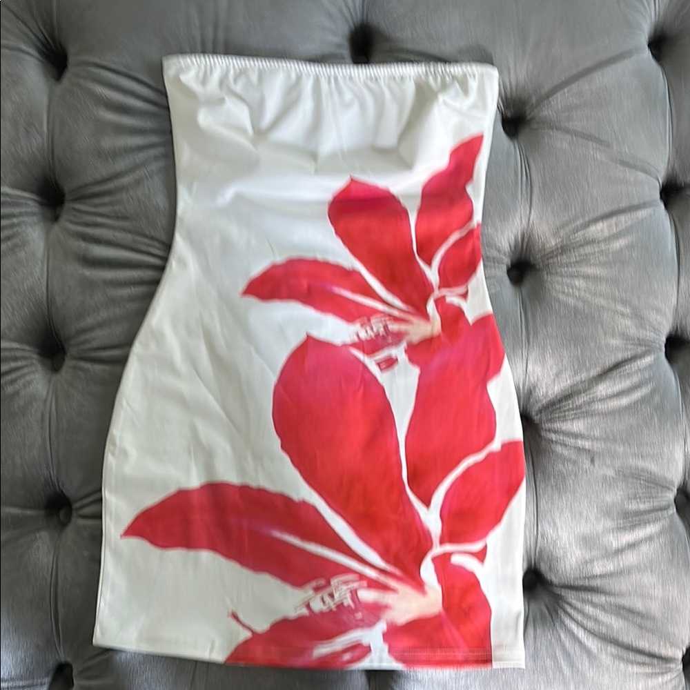 White Strapless Dress with Red Floral Design